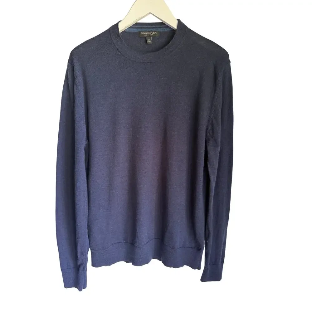 Banana Republic 100% Merino Wool Sweater Men's Medium Navy Blue Crewneck